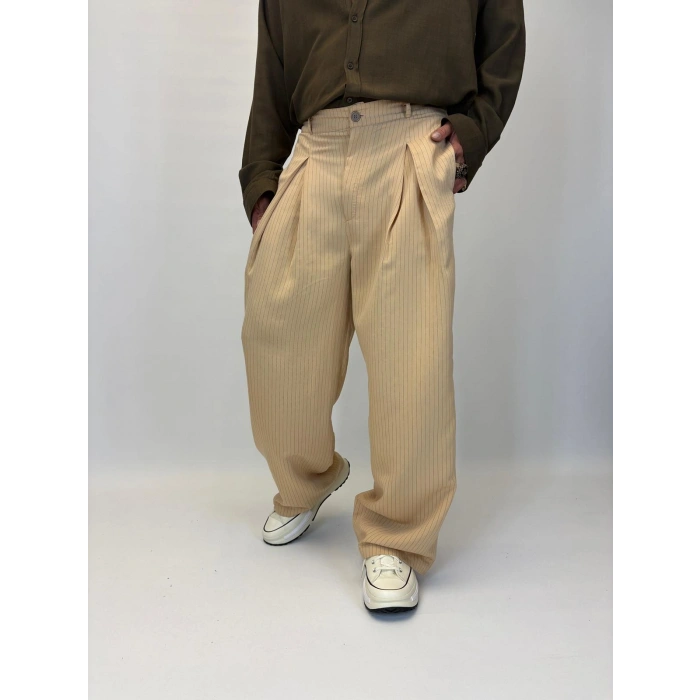 Çizgili Pileli Palazzo Pantolon Krem