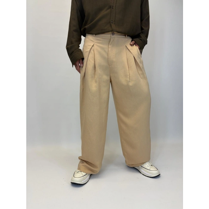 Çizgili Pileli Palazzo Pantolon Krem