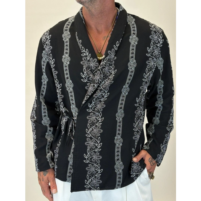 Bohem Nakışlı Kimono Gömlek Siyah