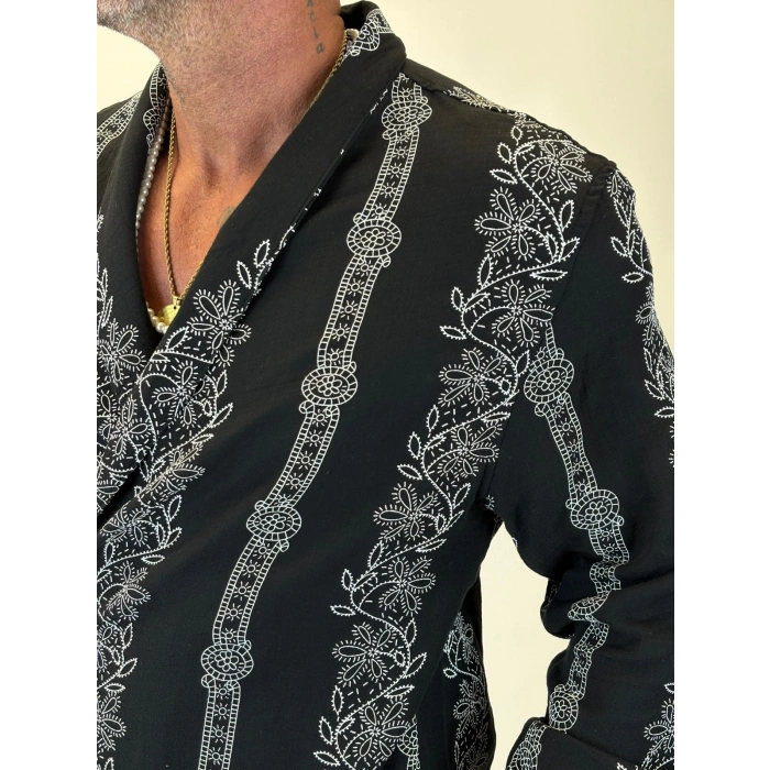 Bohem Nakışlı Kimono Gömlek Siyah