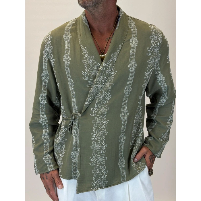 Bohem Nakışlı Kimono Gömlek Yeşil