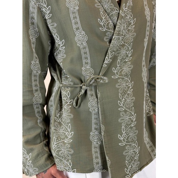 Bohem Nakışlı Kimono Gömlek Yeşil