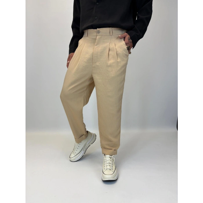 Double Paça Çizgili Pantolon Bej