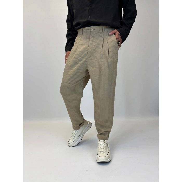 Double Paça Çizgili Pantolon Haki