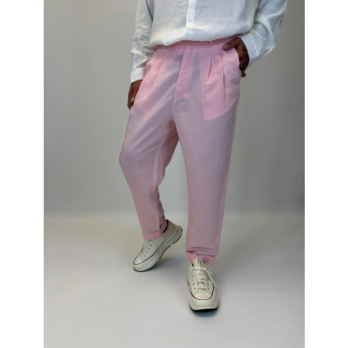 Double Paça Çizgili Pantolon Pembe