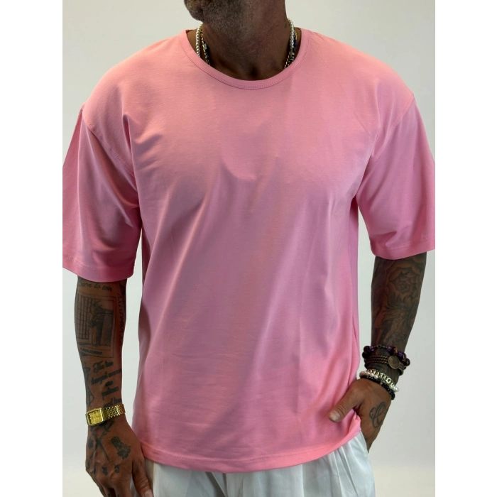 Açık Yaka Relax Fit T-shirt Pembe