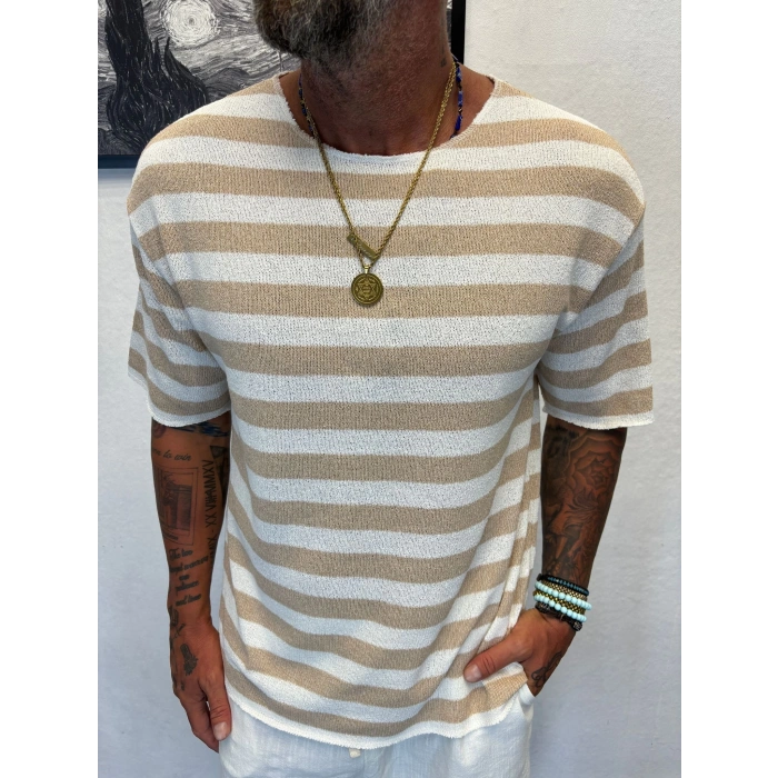 Akrilik Triko Kalın Çizgili Krem