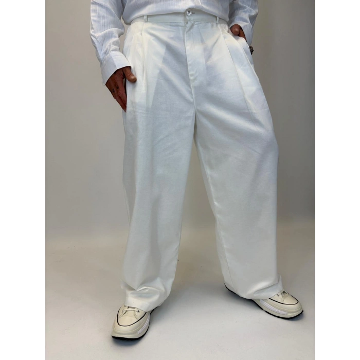 Baloon Pileli Pamuk Saten Pantolon Beyaz