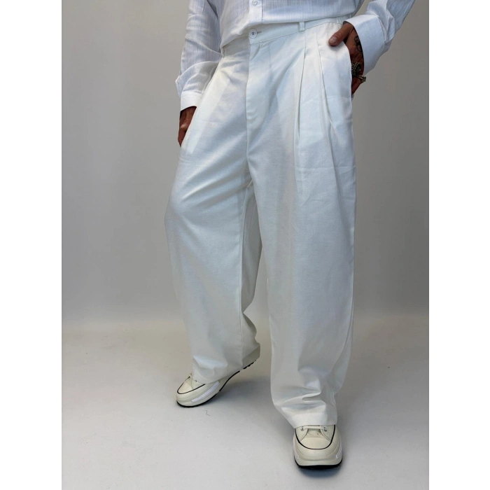 Baloon Pileli Pamuk Saten Pantolon Beyaz