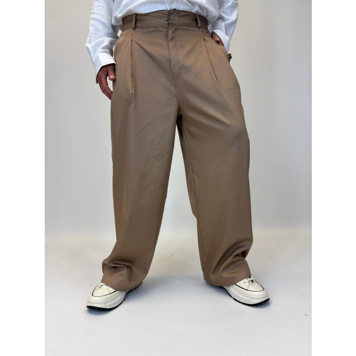 Baloon Pileli Pamuk Saten Pantolon Kahve