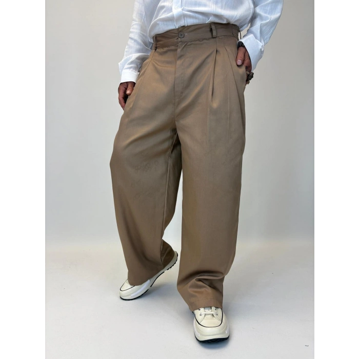 Baloon Pileli Pamuk Saten Pantolon Kahve