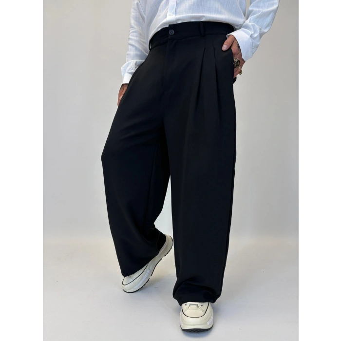 Baloon Pileli Pamuk Saten Pantolon Siyah