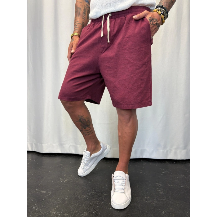 Beli Lastikli Keten Şort Bordo