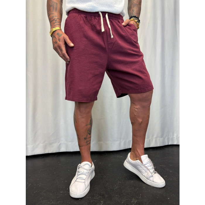 Beli Lastikli Keten Şort Bordo