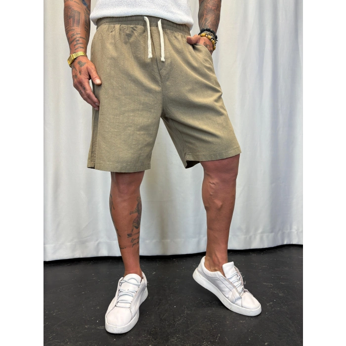 Beli Lastikli Keten Şort Haki