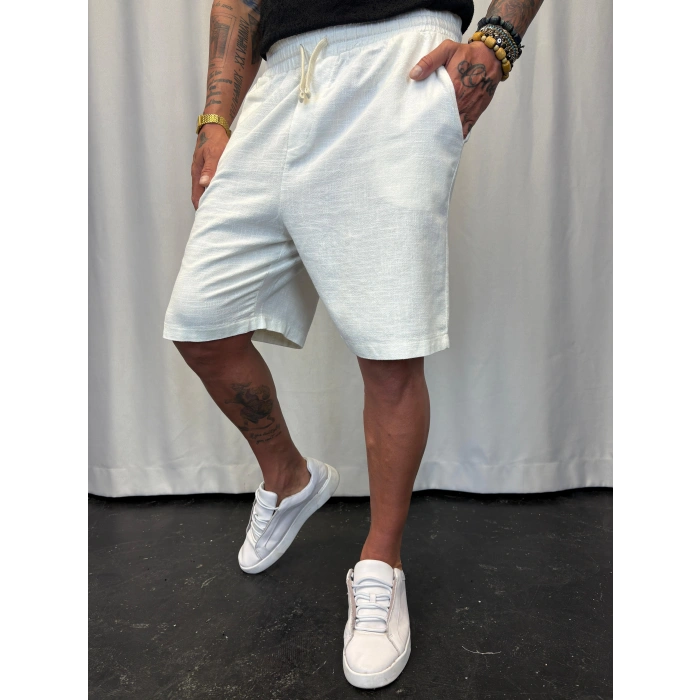 Beli Lastikli Keten Şort Beyaz