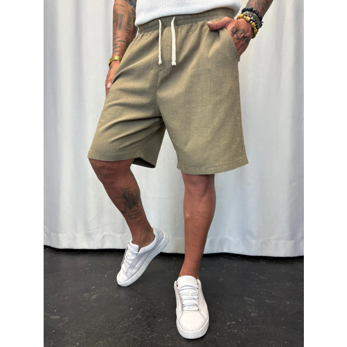 Beli Lastikli Keten Şort Haki