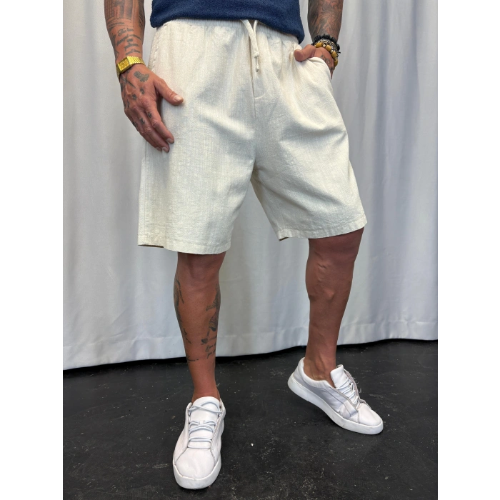 Beli Lastikli Keten Şort Krem