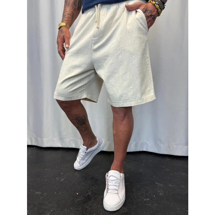 Beli Lastikli Keten Şort Krem
