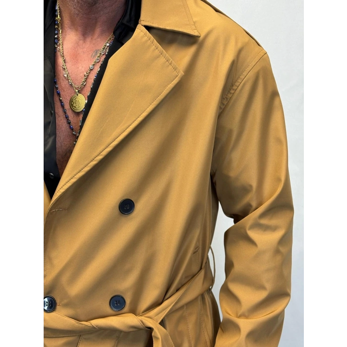 Bond Kaplamalı Kuşaklı Trenchcoat Camel