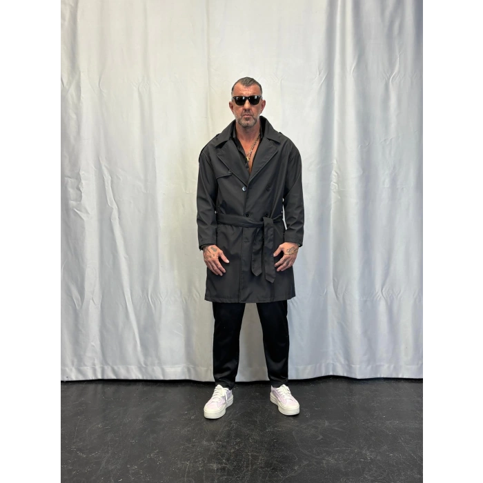 Bond Kaplamalı Kuşaklı Trenchcoat Siyah