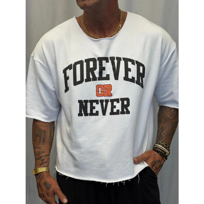 Crop Kısa Kol Baskılı Beyaz