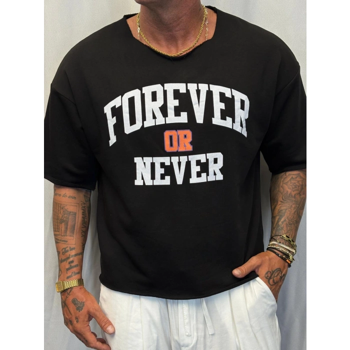 Crop Kısa Kol Baskılı Siyah