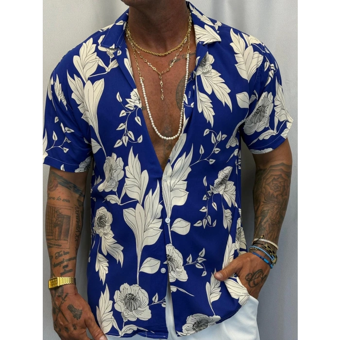 Desenli Kısa Kol Gömlek Lacivert