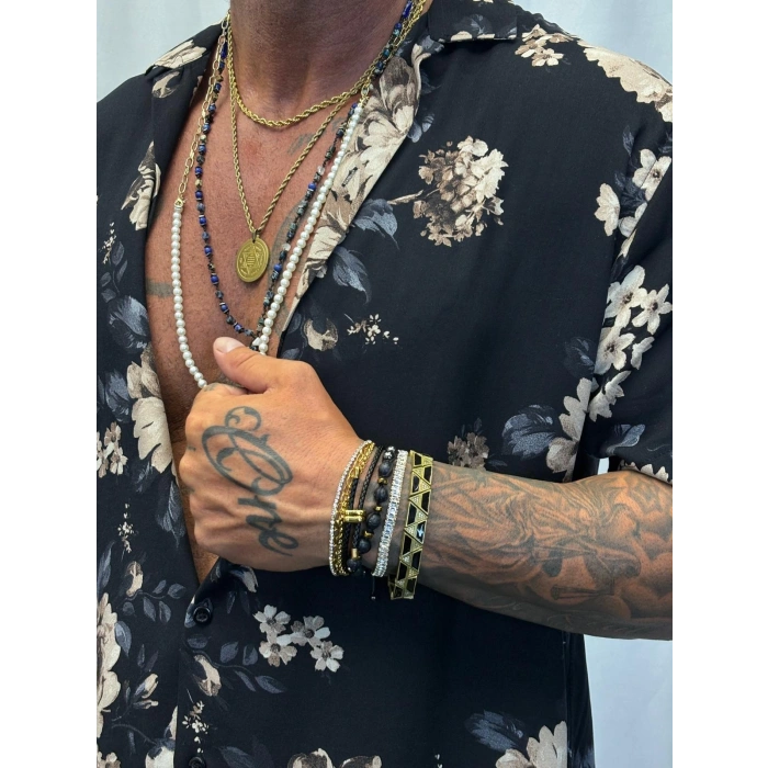 Desenli Kısa Kol Gömlek Siyah