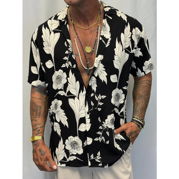 Desenli Kısa Kol Gömlek Siyah