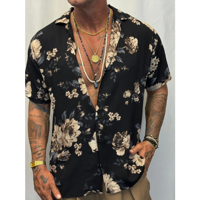 Desenli Kısa Kol Gömlek Siyah