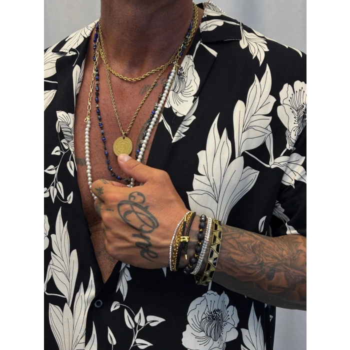 Desenli Kısa Kol Gömlek Siyah