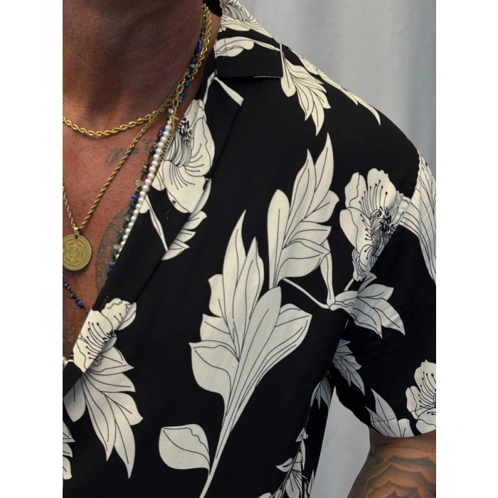 Desenli Kısa Kol Gömlek Siyah