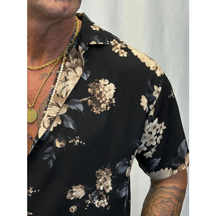 Desenli Kısa Kol Gömlek Siyah