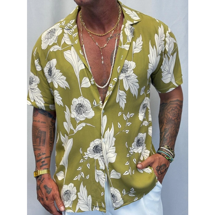 Desenli Kısa Kol Gömlek Yeşil