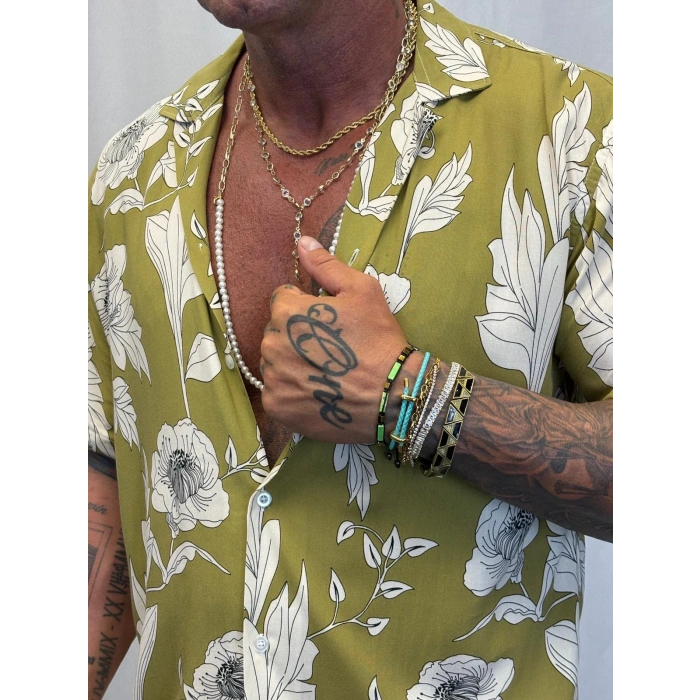 Desenli Kısa Kol Gömlek Yeşil