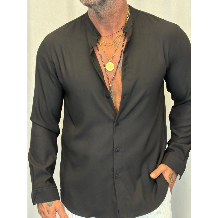 Dik Yaka Pamuk Likralı Gömlek Siyah