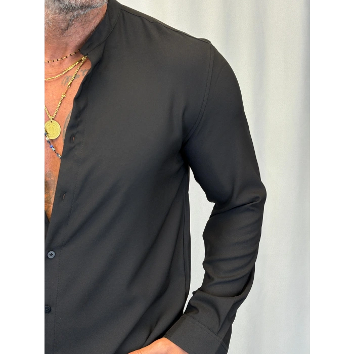 Dik Yaka Pamuk Likralı Gömlek Siyah