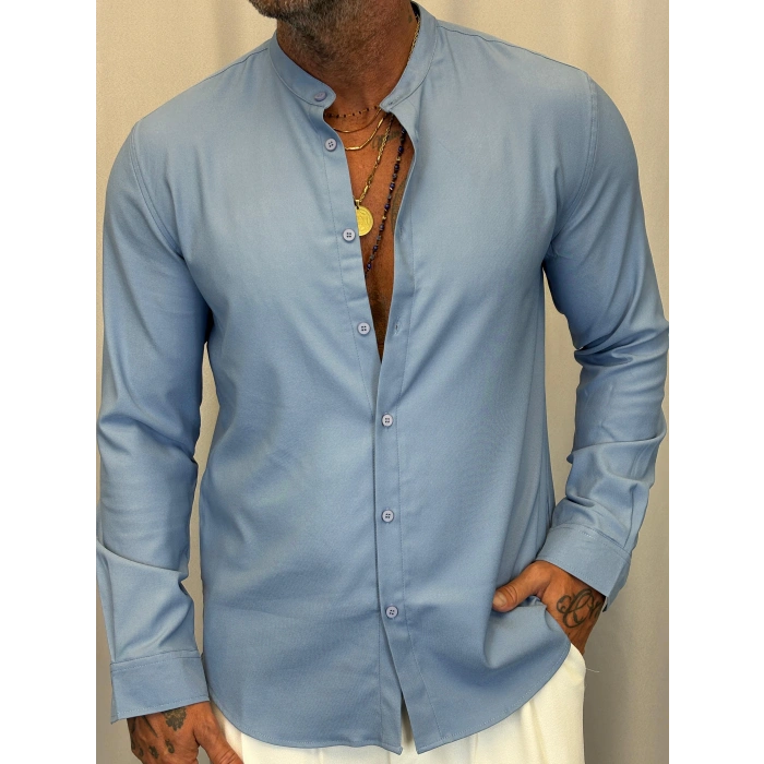 Dik Yaka Pamuk Likralı Gömlek Bebe Mavisi