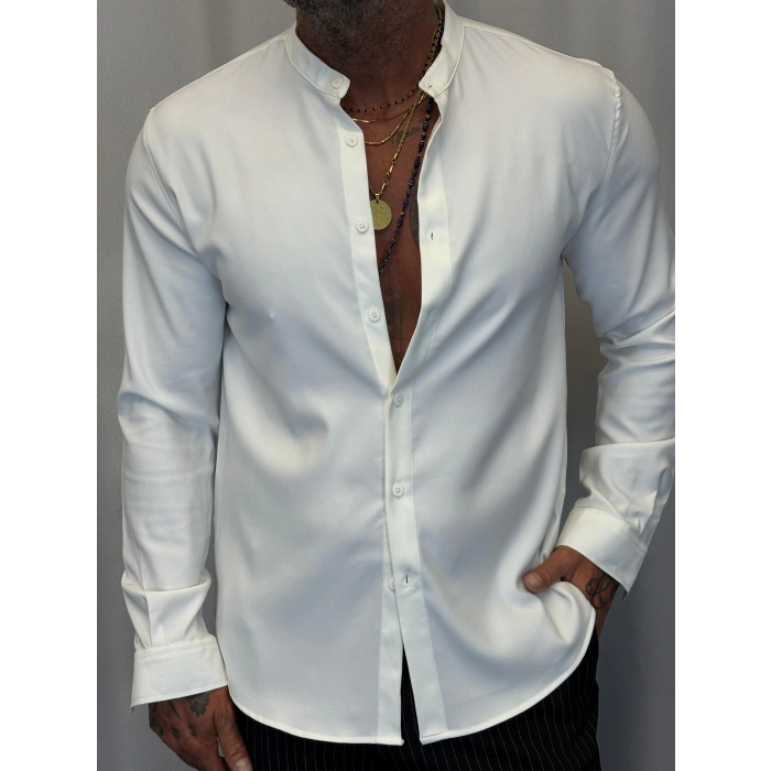 Dik Yaka Pamuk Likralı Gömlek Beyaz