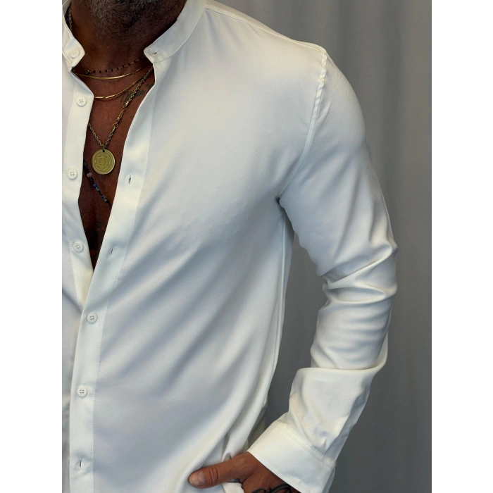 Dik Yaka Pamuk Likralı Gömlek Beyaz