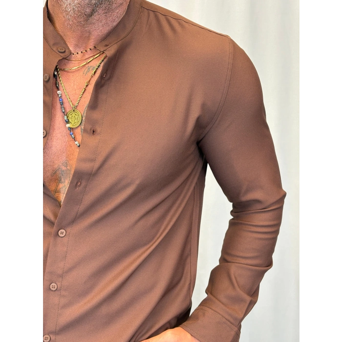 Dik Yaka Pamuk Likralı Gömlek Kahverengi