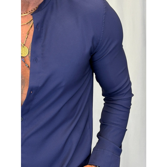 Dik Yaka Pamuk Likralı Gömlek Lacivert