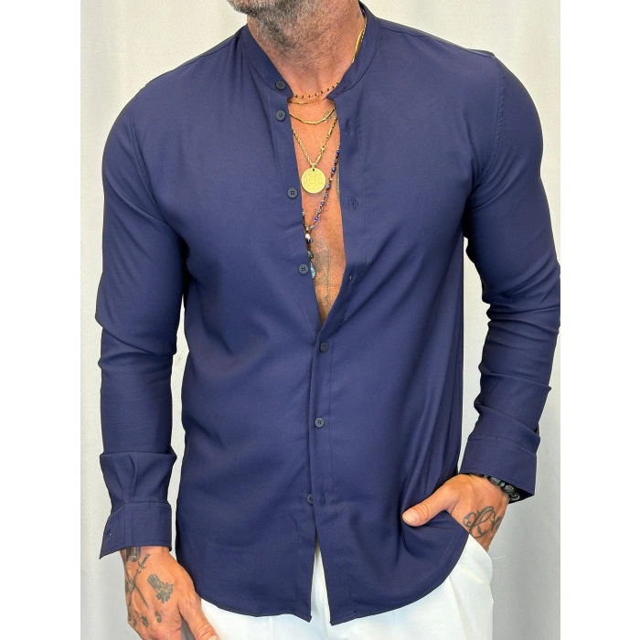 Dik Yaka Pamuk Likralı Gömlek Lacivert