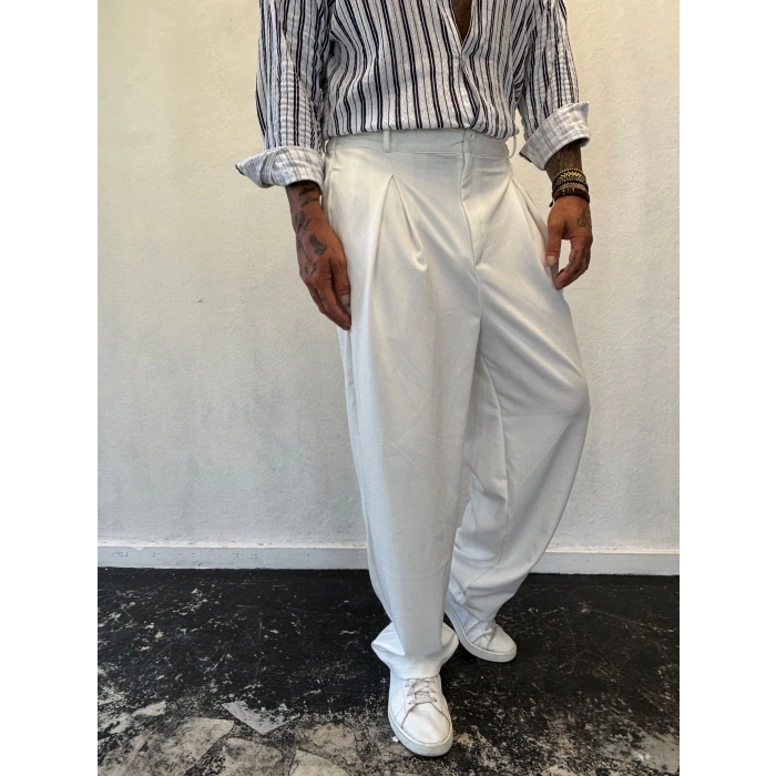 Double Kumaş Pileli Pantolon Beyaz