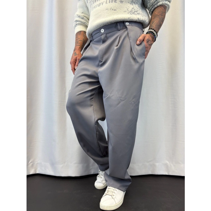 Double Kumaş Pileli Düğme Detaylı Pantolon Gri