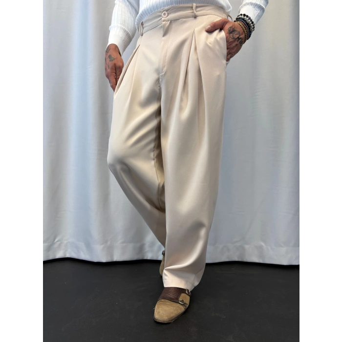 Double Kumaş Pileli Pantolon Bej