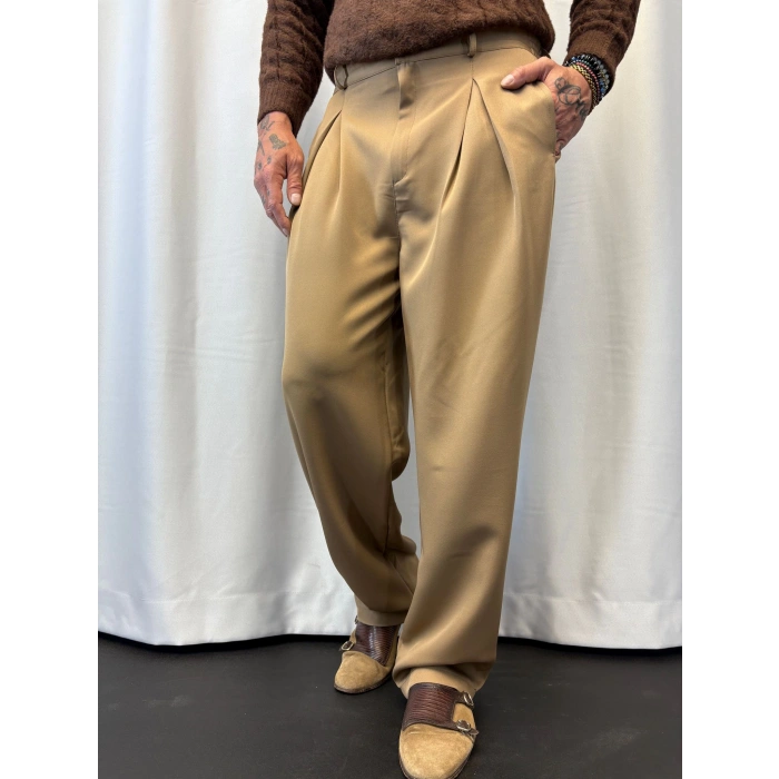 Double Kumaş Pileli Pantolon Camel