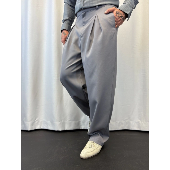 Double Kumaş Pileli Pantolon Gri