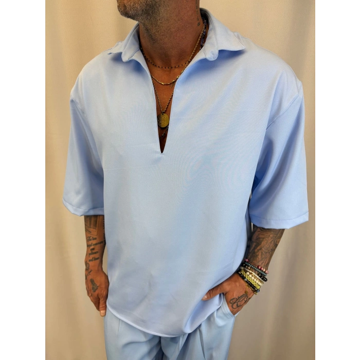 Double Kumaş V Yaka Gömlek Bebe Mavisi